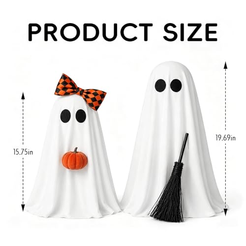 Lighted Ghost Decorations Indoor 2 Pack - Warm White Halloween Broom & Pumpkin