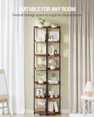 Rustic Brown 7-Tier Corner Shelf Stand - Space-Saving Bookshelf & Display