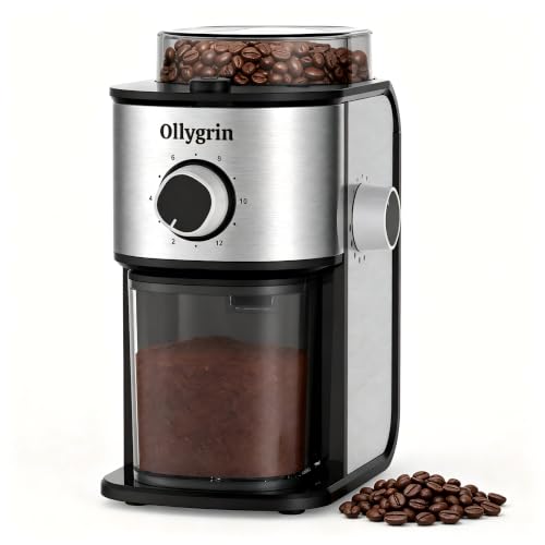 Electric Flat Burr Coffee Grinder with 14 Settings & 7oz Hopper - Shiny Silver & Black