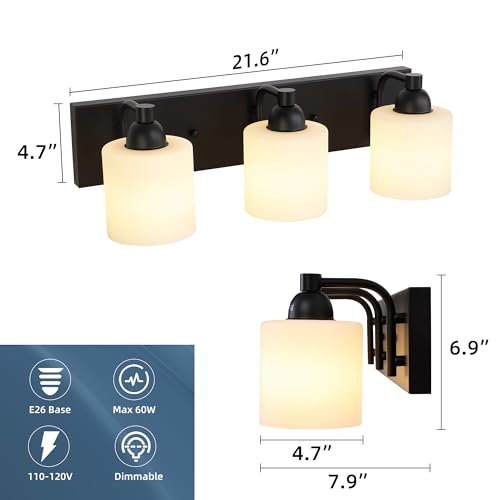 Milk Glass Vanity Wall Light Fixture - Matte Black 3-Light Bathroom Sconce - Over Mirror