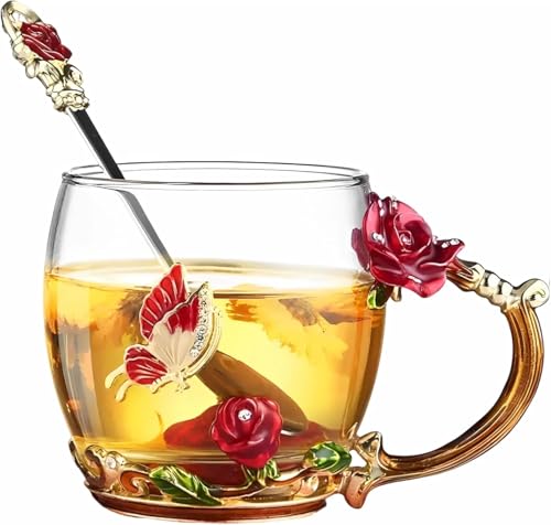 FDINF Red Butterfly Rose Glass Tea Cup with Spoon – Gift Gift Box