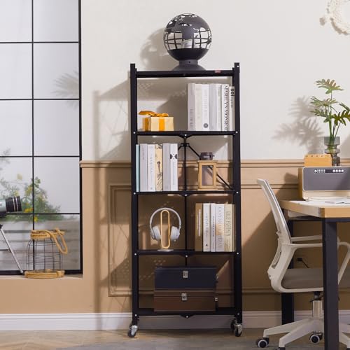 Black 5-Tier Folding Rolling Bookcase with Wheels - Heavy Duty Metal Shelving