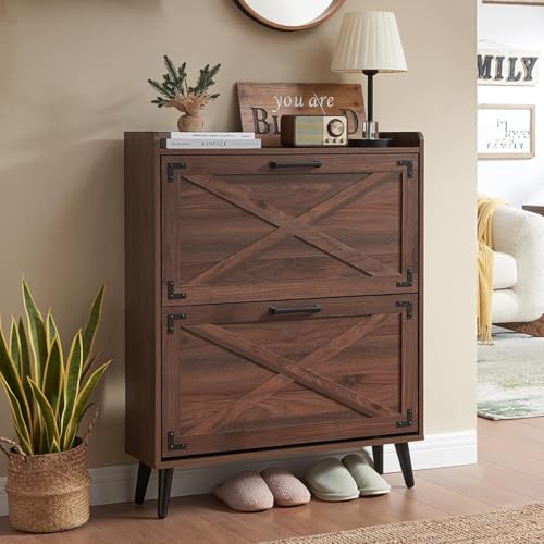 Barnyatoh Farmhouse Shoe Storage Cabinet Walnut with 2 Flip Drawers