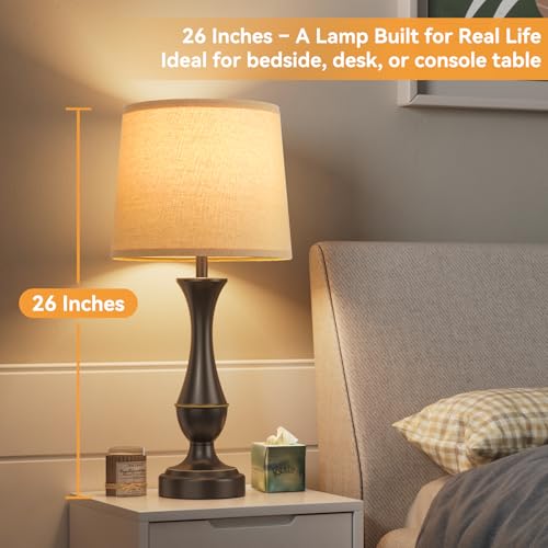 Tall D. Oat Shade & Brown Base Touch Lamps for Nightstand - 3 Way Dimmable with USB-C & USB-A Ports