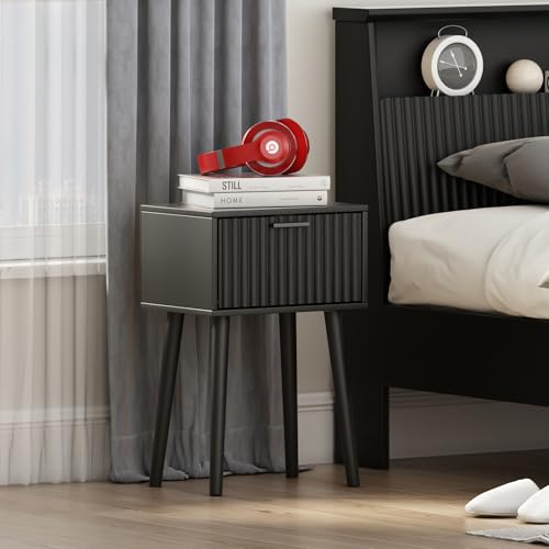 Nightstands Set of 2 - Small Bedside Tables with Fluted Door - Black, Fluted Style