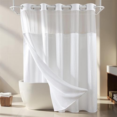 White Cotton Blend Shower Curtain Set with Liner - 71x74 Inches, No Hooks, Water-Repellent