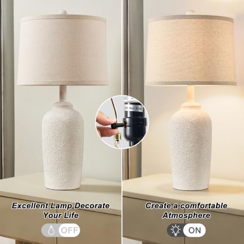 Farmhouse Table Lamp for Living Room & Bedroom - Antique White Stone-Like Bedside Lamp