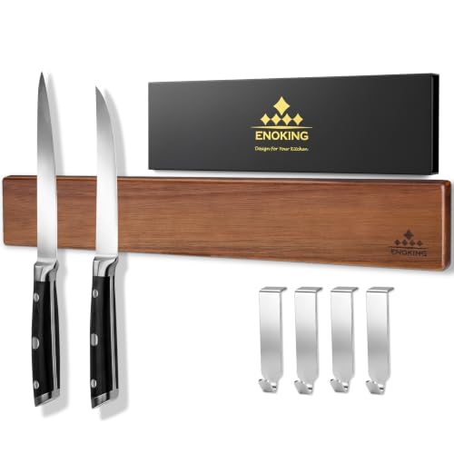 Brown 16-Inch Acacia Wood Magnetic Knife Holder with 4 Hooks - Wall Mount