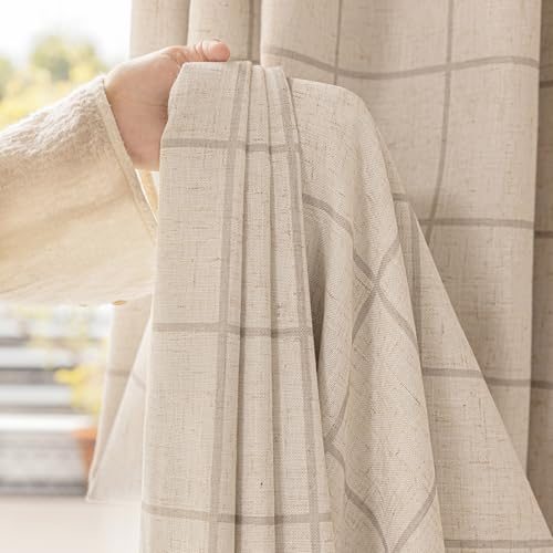Linen/40W x 84L Double Layer Pinch Pleated Blackout Curtains Set - Checkered Gingham, Insulated, Darkening, 2 Panels, Variation of Linen / 40"W x 84"L