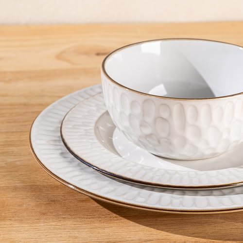 Pearl White Bubble 18-Piece Ceramic Dinnerware Set for 6 - Plates & Bowls