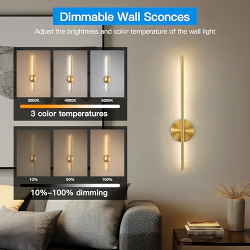 Gold Battery Operated Wall Sconces Set of Two - 24 Inch Wireless Modern Lighting