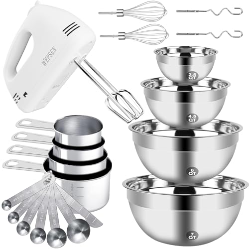 WEPSEN White Hand Mixer with 4 Stainless Steel Bowls & Measuring Sets — 200W Kitchen Baking Appliance