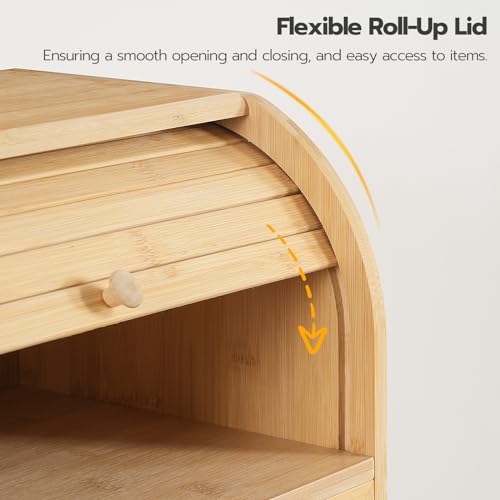 HOOBRO Bread Box, Bamboo Box for Kitchen Countertop, 2 Tier Roll-Top