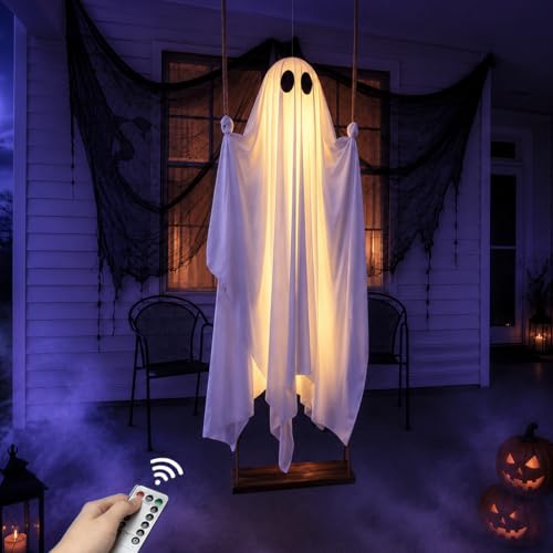 HAPPYCLUB 5ft Pre-Assembled Swing Ghost Halloween Decor Outdoor Yard with Remote Lights