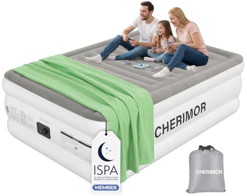CHERIMOR Queen Air Mattress with Built-In Pump Gray & White, Anti-Sag Support, 80x60x18 Inches