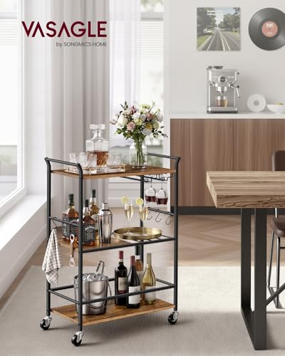 VASAGLE Rustic Brown & Matte Black Bar Cart with Wheels, Wine Rack & Glass Holder 25.4"D x 12.6"W x 33.7"H