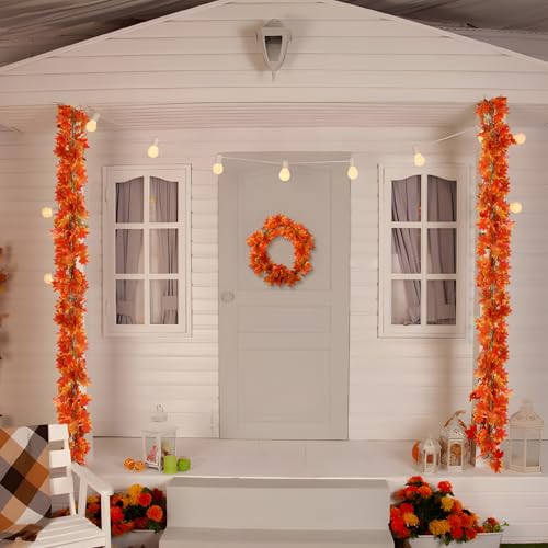 Fall Leaf Garland for Room Decor(12 Pack),Artificial Maple Leaves,Autumn Hanging Vines Red Ivy Plant for Bedroom Wall Decor Thanksgiving Halloween Christmas WeddingParty Garden Fireplace