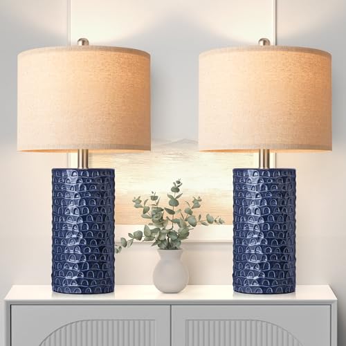 PARTPHONER 23-Inch Modern Ceramic Table Lamps Set of 2 Navy Blue - Farmhouse Bedside & Living Room Decor