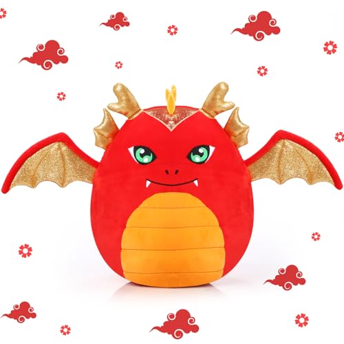 Leyndo 14'' Christmas Red Dragon Plush Pillow Cute Dragon Stuffed Animal Soft Long Plush Toy for Christmas Birthday Gift Home Bedroom Sofa Car Decorations