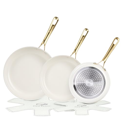 Ceramic Frying Pan Set 5 Pieces - Non-Stick Skillet with Cream White & Light Gold Handles