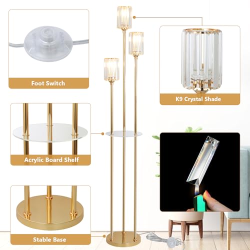 Gold Floor Lamp with Shelves - Modern Crystal Standing Lamp with Table and On/Off Switch