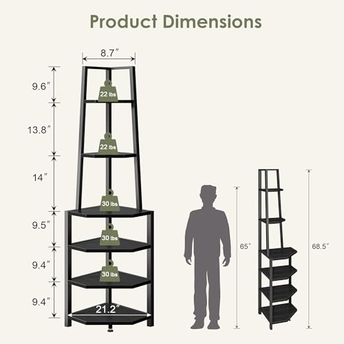 VECELO 6-Tier Corner Shelf Black 69 Inch Industrial Bookshelf for Small Spaces