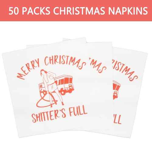 Merry Christ mas Full Napkins, Christmas Holiday Napkins, National Christmas Vacation Decorations, Xmas Vacation Holiday Decorations(5 x 5 In, Red Foil, 50-Pack)
