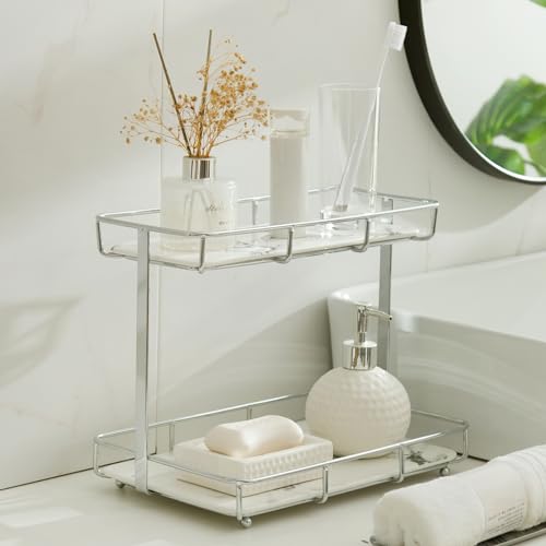2 Tier Bathroom Organizer Shelf with Marble Ceramic Trays & Stainless Steel Frame