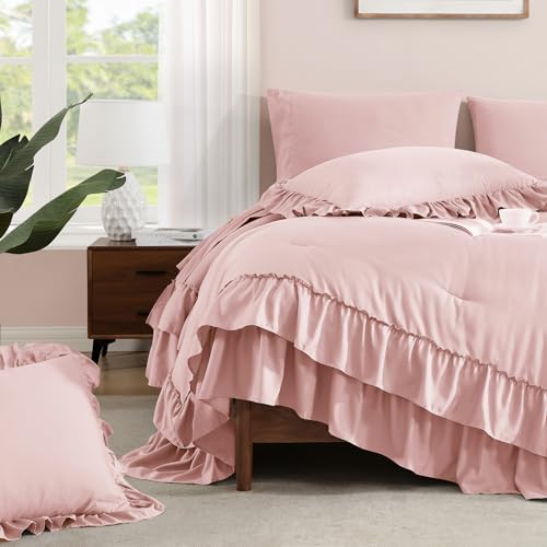 King Size Pink Ruffle Comforter Set - Farmhouse Bed in a Bag, 7 Pieces - Soft & Cozy, Elegant Bedding with Pillowcases - Variation: Soft Pink / King