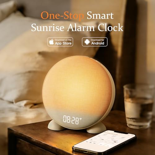Smart Sunrise Alarm Clock with Night Light & White Noise Machine, Dimmable Wake Up Light, 15 Alarms