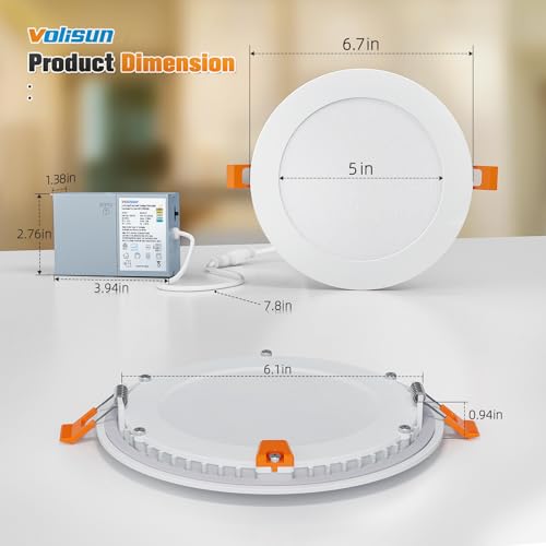 VOLISUN 6 Inch White Recessed Lighting Kit - 5CCT Dimmable 1080 Lumens Slim LED