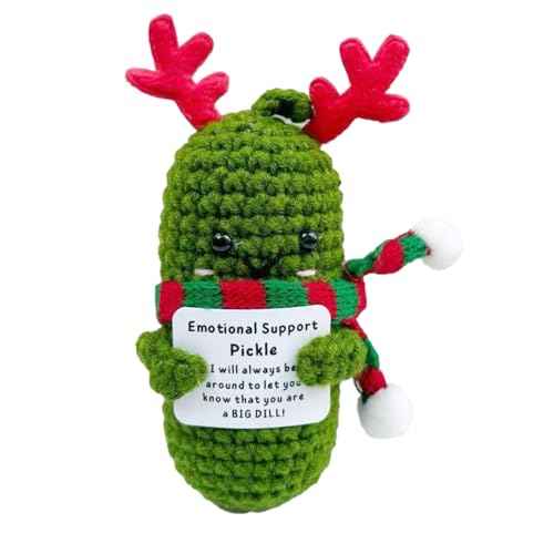 Christmas Crochet Pickle, Positive Crochet Animals with Message, Handmade Gifts with Antlers and Plaid Scarf, Funny Xmas Decorations (Christmas Cucumber)