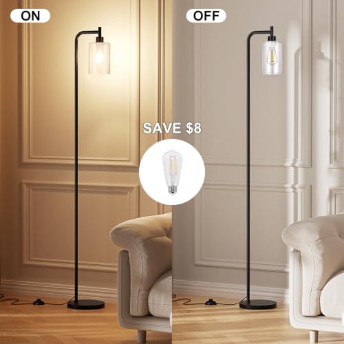 Ziisee Industrial Floor Lamp with Glass Shade - Black & Clear, LED Bulbs, Foot Switch, Easy Assembly