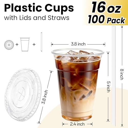 16 oz Disposable Clear Plastic Cups with Lids & Straws - 100 Pack