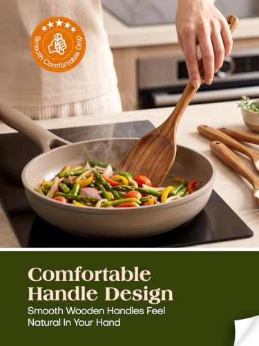 10 Pack Wooden Cooking Utensil Set - Teak Kitchen Tools Including Spatulas Whisk and Spaghetti Server