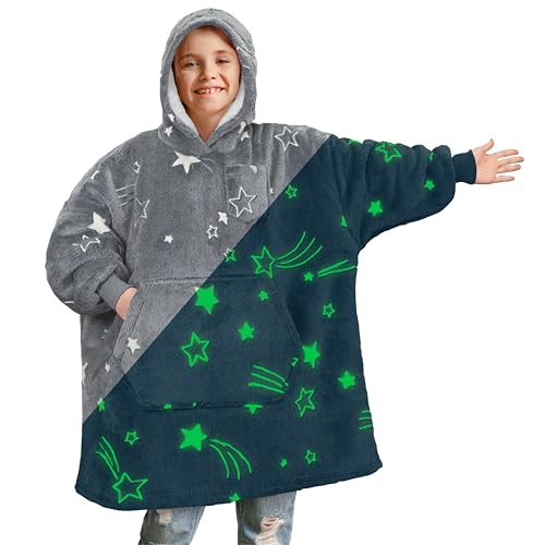 PAVILIA Glow Star Gray Fleece Sherpa Wearable Blanket Hoodie for Kids