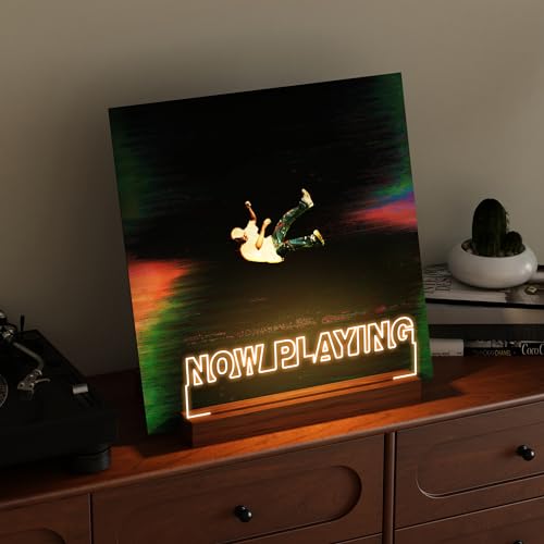 CoolGift Mart Now Playing Vinyl Record Stand with Warm White LED Lights - Wooden & Acrylic Wall Display for Albums, Vinyl Collectors, Room Decor (Square)