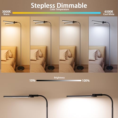 Black Dual-Head Dimmable LED Floor Lamp with Remote & Touch Control - Adjustable Gooseneck, Eye-Caring Tall Lamp for Living Room, Bedroom & Office