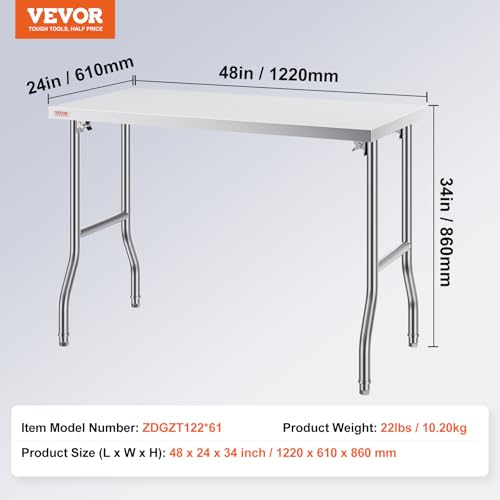 VEVOR 24x48 Inch Foldable Stainless Steel Work Table for Commercial Kitchen, Outdoor & Restaurant Use