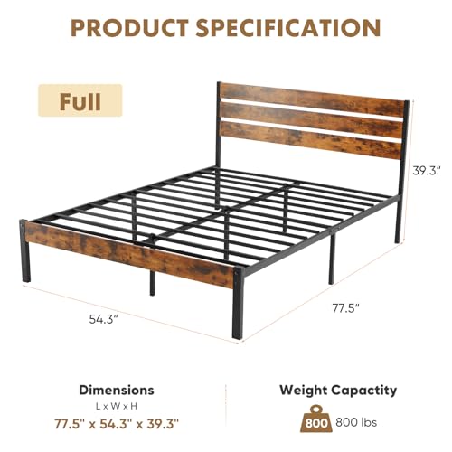Brown Full Size Platform Bed Frame with Wooden Headboard - Heavy Duty Metal Slats