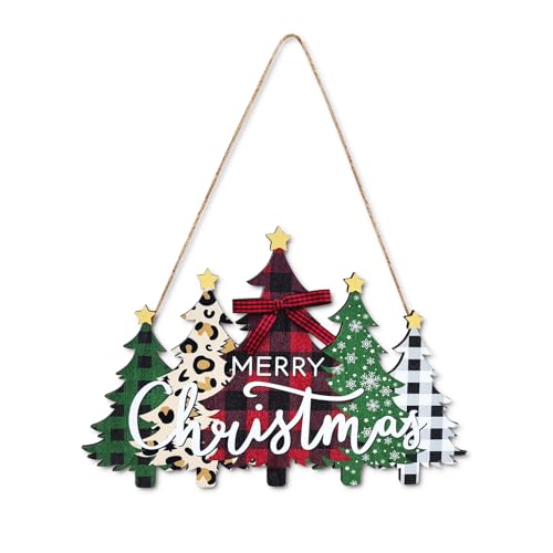 Christmas Wreaths for Front Door,Wooden Rustic Black White Buffalo Plaid Christmas Tree Welcome Hanging Wall Sign for Xmas Holiday Party,Wall Door Decorations Indoor Outdoor Home Decor