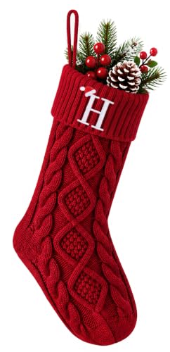 Red Knit Christmas Stocking with Initial H - 18 Inch Fireplace Decor