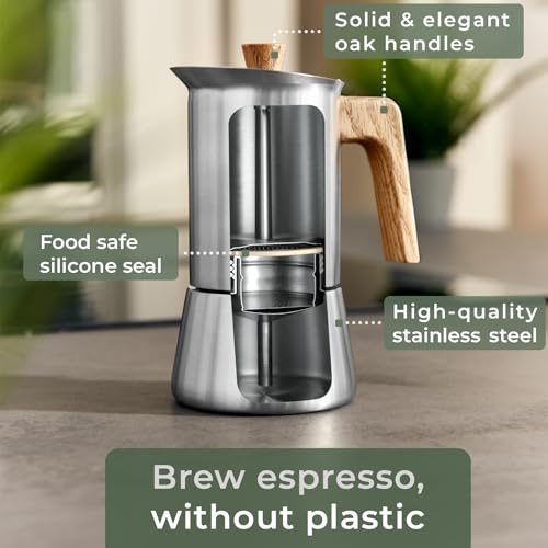 Stainless Steel 10oz Moka Pot with Oak Wood Handle - Italian Espresso Maker for Stovetop & Induction - Toxic-Free Coffee Brewer