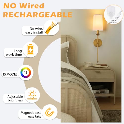 PASSICA DECOR Antique Brass Wireless Battery Wall Sconce Set of 2 with Remote, Dimmable RGB & Timer