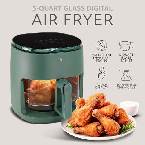 5QT Green Eco Glass Air Fryer with Digital Touchscreen, 6-in-1 Cooking