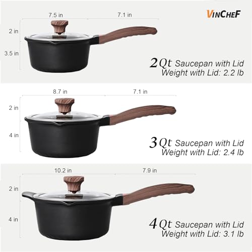 Vinchef 3-Piece Saucepan Set 2QT, 3QT, 4QT Nonstick Granite Coated Cookware