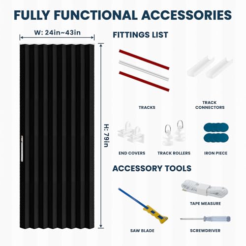 AJAZZ Blackout Sliding Door Curtains - 43W x 79L, Magnetic Accordion Door Set, 1 Pack, Black