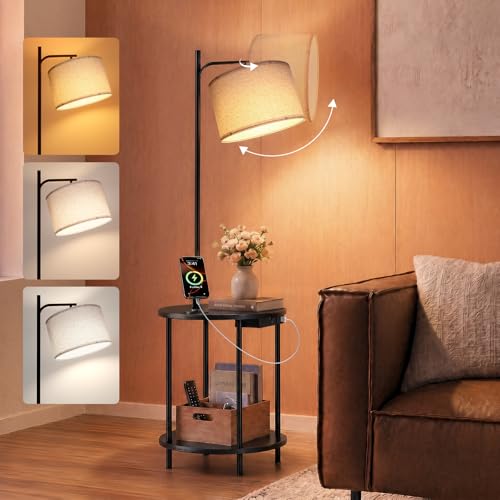 ONEWISH Black Floor Lamp with Table and USB-C Charging Ports - Modern Nightstand & Reading Light