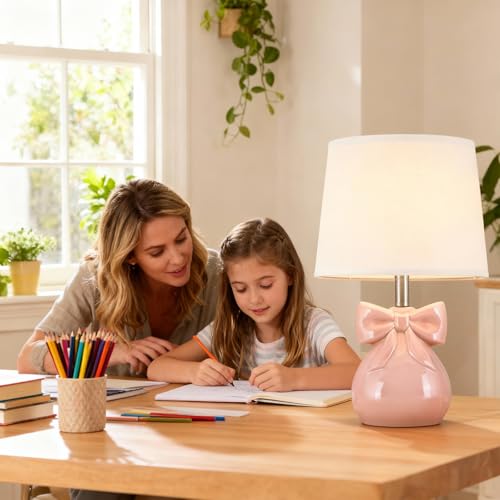 Pink 2 Pack 19-Inch Cute Bow Table Lamps Set for Girl's Room & Bedroom - Modern Ceramic Design