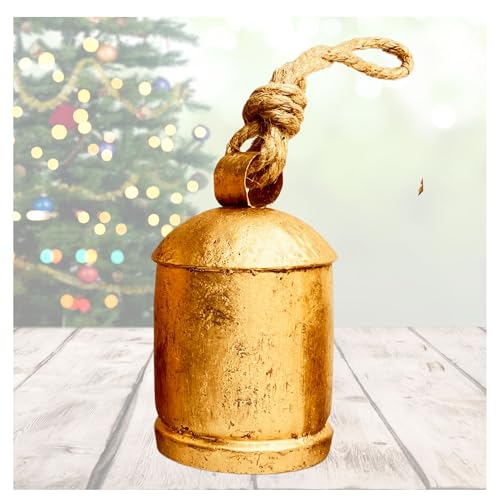 Rustic Decorative Bell 4" Traditional 1pc Shabby Chic Vintage Bell Brass Coated Country Style Cow Bell Wall Hanging Jute Rope Harmony Cowbell Lucky Charm Christmas Bell (4 Inch)